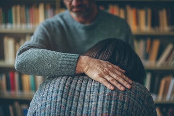 Older man comforting a woman in a library by patting her back. Concept for empathy, support, and mental health awareness, suicide prevention
