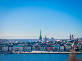 Stockholm old town - Gamla stan. Aerial view of Sweden capital. Drone top panorama photo