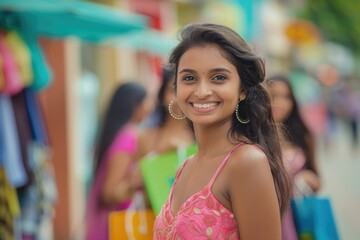 A stylish young woman in a pink dress stands confidently in front of a store, exuding elegance and grace
