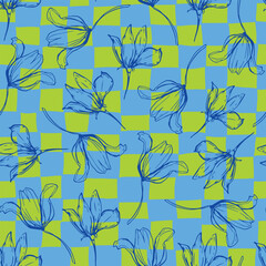 Fototapeta premium Grid floral seamless repeat pattern. Random placed, vector botany plants aop, all over surface print on green and blue check background.