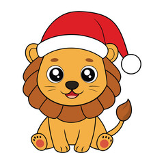 Happy new year merry Christmas funny lion in Santa hat vector illustration.