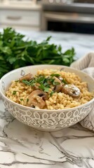 Italian risotto with asparagus and parmesa cheese on table. Top view. AI generated illustration