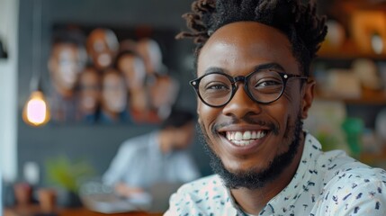 Obraz premium A businessman displaying fondness, smiling affectionately at a photo of his team in a modern office with a blank background, closeup shot, soft lighting, emotional portrait style