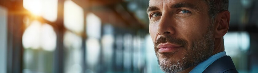 A businessman showing expectation, looking intently at a presentation in a sleek office with a blank background, closeup shot, high contrast lighting, focused portrait style