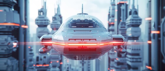 Innovation Concept A futuristic cityscape with flying cars and advanced architecture, showcasing an ultramodern, supernatural scene, banner, with copy space