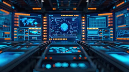 Obraz premium Strategy Concept A hightech control room with holographic displays and strategic plans illuminated, presenting an ultramodern, supernatural scene, banner, with copy space