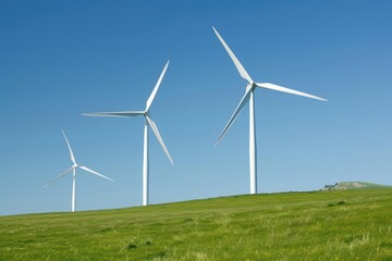 Fototapeta premium Wind turbines spinning gracefully in an open field, banner, with copy space