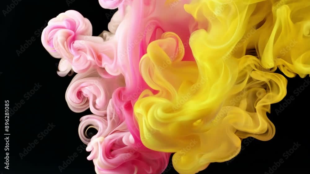 Poster pink and yellow ink swirls in a black liquid, creating a visually captivating abstract pattern.