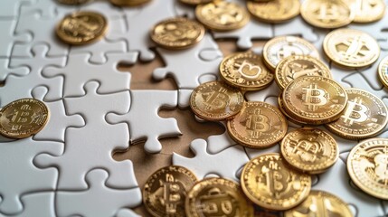 A puzzle with a missing piece and gold coins on a white background, symbolizing financial loss or business strategy. Generative AI.