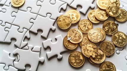 A puzzle with a missing piece and gold coins on a white background, symbolizing financial loss or business strategy. Generative AI.