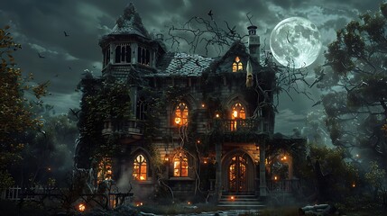 Fototapeta premium haunted house with flickering lights, overgrown ivy, and a full moon casting eerie shadows
