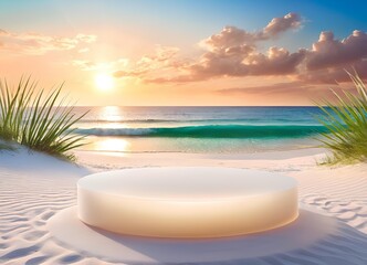 Creative Beach Backdrop with Frosted Acrylic Podium White Sands Gentle Waves




