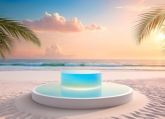 Frosted Acrylic Podium Delicate Translucent Beach Backdrop White Sands Waves
