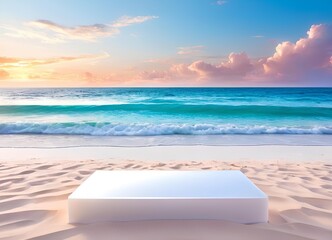 Empty Top Acrylic Podium Coastal Display Tranquil Beach White Sands Waves
