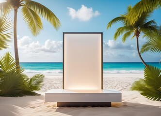 Podium Empty Top Smooth White Sands Beach Backdrop Gentle Waves
