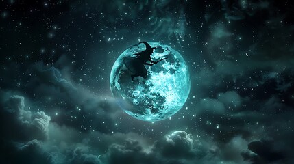 Obraz premium witch flying on a broomstick across a full moon, with a dark, starry sky and wispy clouds