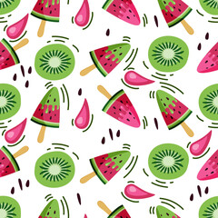 Watermelon ice cream and kiwi, Seamless pattern in cartoon flat style, bright and summer print. Vector illustration.