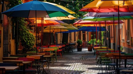 A street cafe with colorful umbrellas. Ai generation.