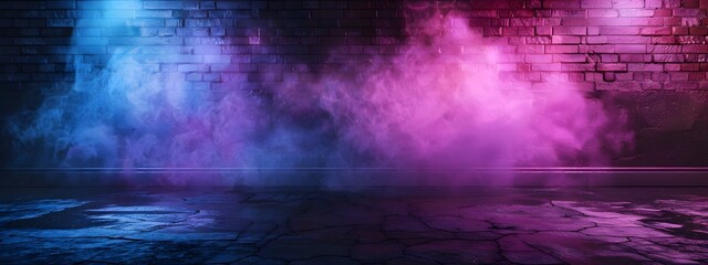 Abstract background with a brick wall, neon light and smoke. Dark room with a floor and empty space for product presentation. Background with blue, purple and pink colors in the style of different art