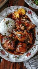 Delicious Filipino Food: Adobo chicken with herbs close-up on a plate on the table. AI generated illustration