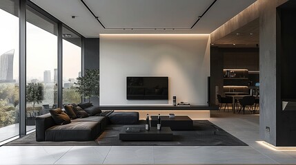 A generous open-concept apartment, boasting a minimalist design, with a black sofa, black coffee table, black rug, a central overhead light. Generative AI.