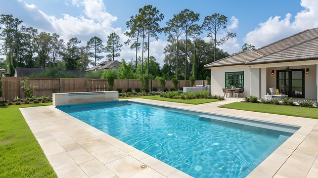 A rectangular new swimming pool with tan concrete edges in the fenced backyard of a new construction house