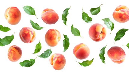 Fresh peaches and vibrant green leaves elegantly displayed on a white background.