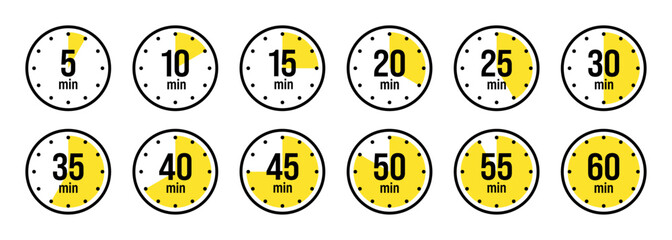 Stopwatch icons. Colorful simple chronometer, time counter with dial. Countdown timer showing hours and minutes. Deadline, measurement for sport. Cooking time label, sticker. Vector illustration