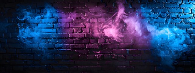Abstract background with a brick wall, neon light and smoke. Dark room with a floor and empty space for product presentation. Background with blue, purple and pink colors in the style of different art