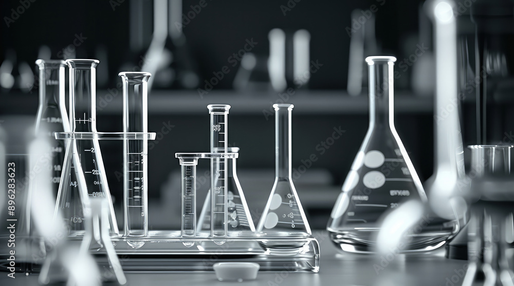 Poster black and white close-up of laboratory glassware with measuring scales, beakers, test tubes, and a g