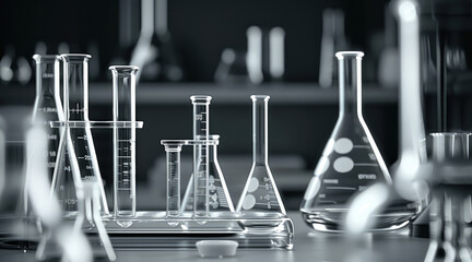 Black and white close-up of laboratory glassware with measuring scales, beakers, test tubes, and a...