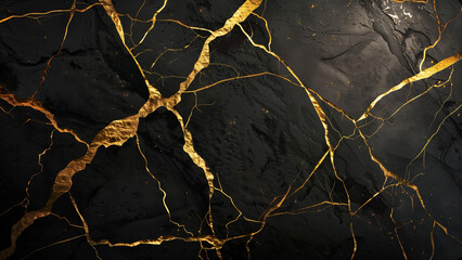 Golden Lightning: Shiny Gold Cracks on Black Marble