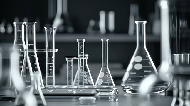 Black and white close-up of laboratory glassware with measuring scales, beakers, test tubes, and a gradient background. Generative AI.