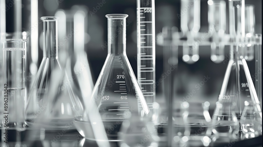 Poster black and white close-up of laboratory glassware with measuring scales, beakers, test tubes, and a g
