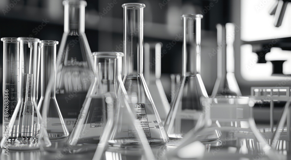 Poster black and white close-up of laboratory glassware with measuring scales, beakers, test tubes, and a g
