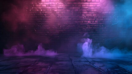 Abstract background with a brick wall, neon light and smoke. Dark room with a floor and empty space for product presentation. Background with blue, purple and pink colors in the style of different art