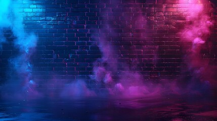 Abstract background with a brick wall, neon light and smoke. Dark room with a floor and empty space for product presentation. Background with blue, purple and pink colors in the style of different art