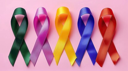 A row of ribbons in various colors, including green, yellow, blue, red