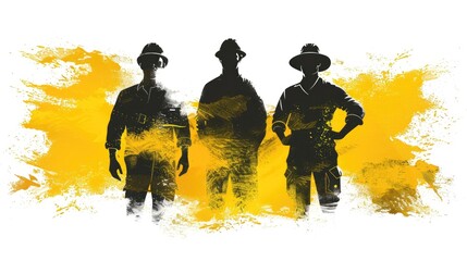 Three men in military uniforms stand in front of a yellow background