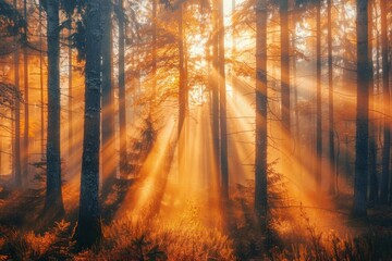 Obraz premium Golden Rays in a Misty Forest
