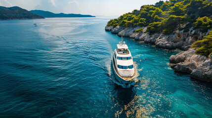 A luxury yacht sails through the blue waters of the Adriatic Sea in Croatia.