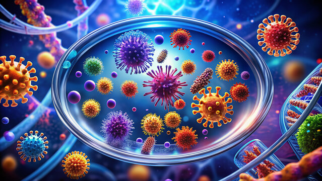 Colorful illustration of microscopic viruses and bacteria in a petri dish, surrounded by twisted metal chromosomes, amidst a dark blue and purple gradient background.