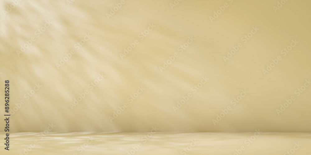 Poster beige minimalist studio for product presentation. empty room with shadows of tree leaves. 3d room ba