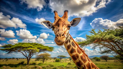 Obraz premium A curious giraffe with a comically worried expression stands in a serene African landscape, surrounded by acacia trees and a bright blue sky with fluffy clouds.