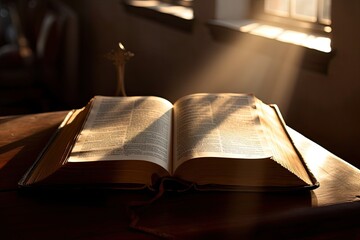 Open bible with sunlight falling on it