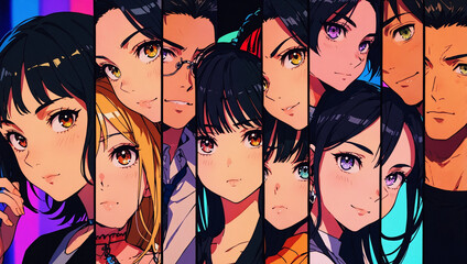 Diversity group of people stylish portraits of group of people on multicolored background in neon light