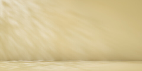 Beige minimalist studio for product presentation. Empty room with shadows of tree leaves. 3d room background with copy space. 3d render illustration
