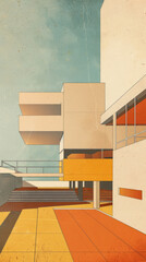 An illustration on the theme of architecture and construction of buildings and structures. Interior and exterior. Drawings and sketches