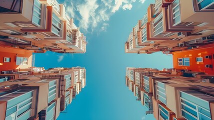 A vibrant view looking up at skyscrapers framed by a bright blue sky scattered with fluffy clouds.