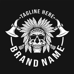 American indian skull. with traditional feather decoration on the head and crossed tomahawk. design for logo, emblem, sign, poster, or label. Vector illustration